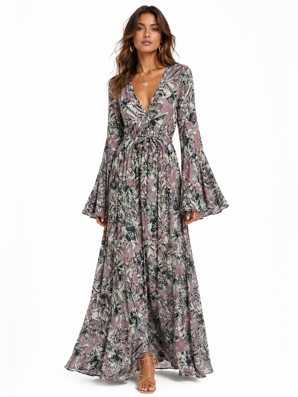 Maaji Botanical Tropical Floral Bell Long Sleeve Front Slit Maxi Cover-Up Dress